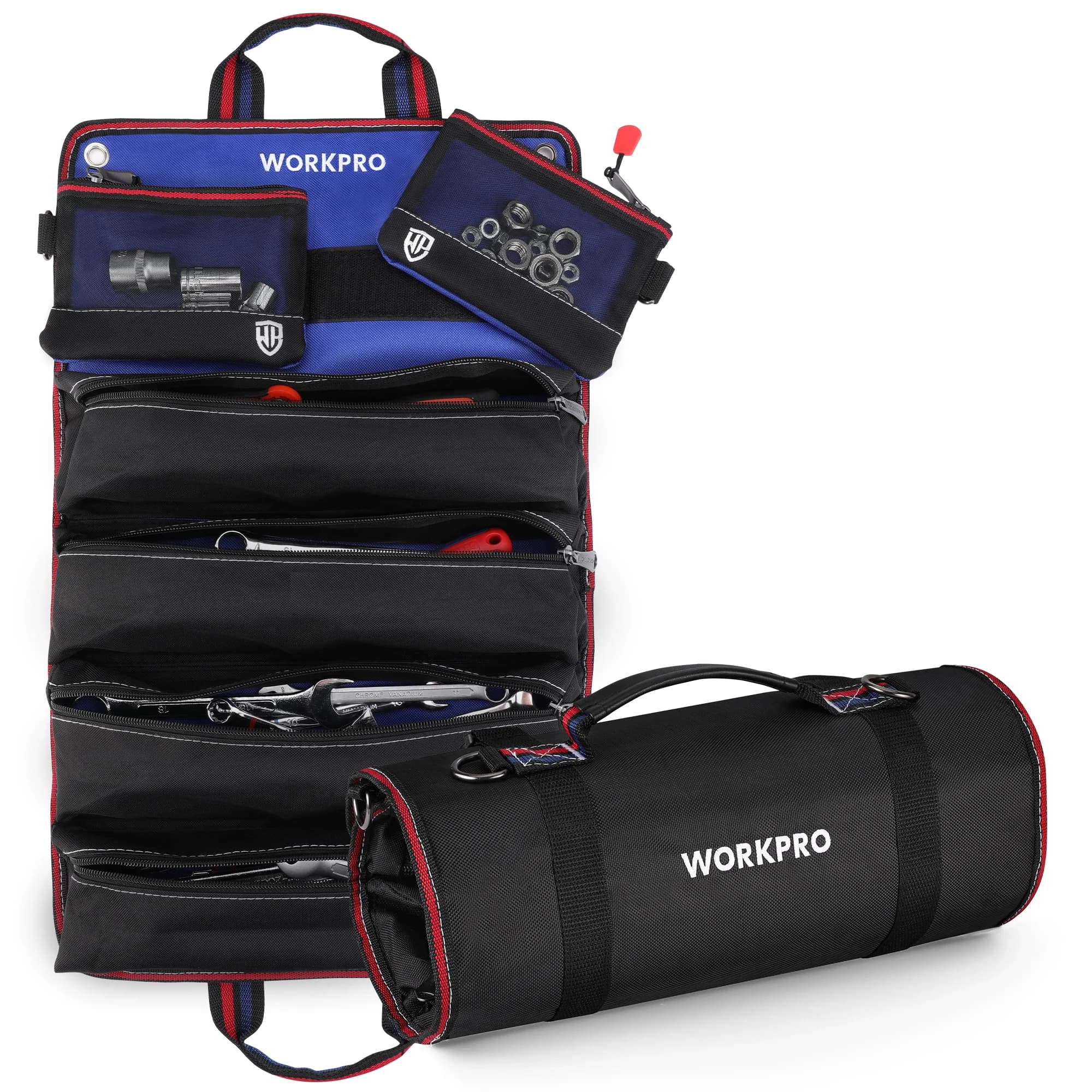 WORKPRO Borsa per attrezzi arrotolabile con 6 tasche Organizzatore multiuso per attrezzi resistente con buste per attrezzi staccabili per riparazioni auto