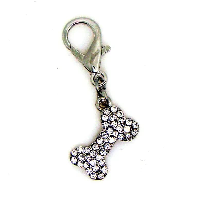 Ciondolo a Forma di Osso per Cani in Cristallo e Metallo, Ornamento per Collare, Accessorio di Moda con Chiusura a Moschettone