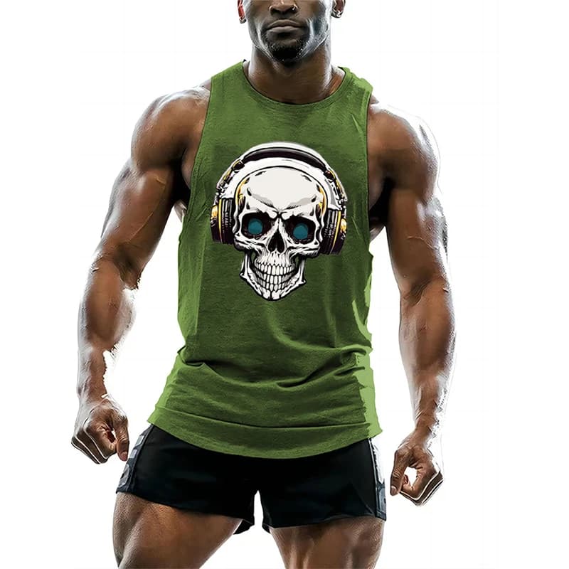 Canotte grafiche per cuffie con teschio alla moda per uomo Trend Summer Hip Hop Gilet stampato in 3D Top sportivi da palestra traspiranti da strada allentati