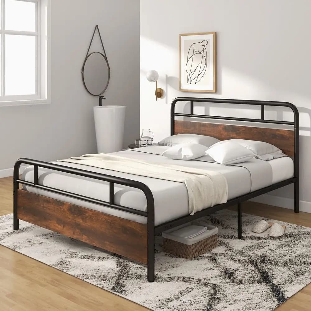 Struttura letto matrimoniale in metallo con testiera e pediera in legno, letto a piattaforma resistente con robuste doghe in metallo, stile industriale