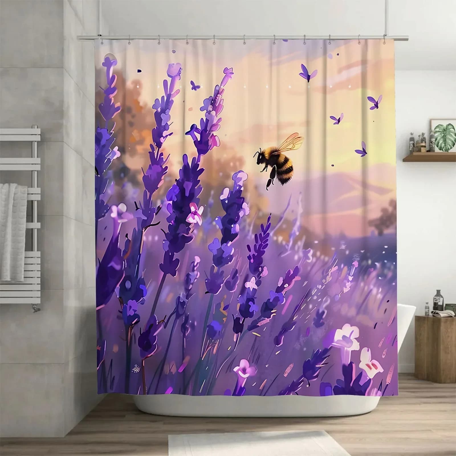 ~O~Lavender Field Sunset Bee Dance Shower Curtain - Artistic Purple Flowers and Warm Glow for Your Bathroom Waterproof Polyeste