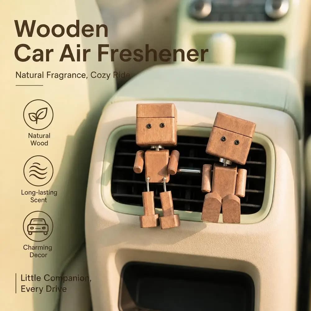 Wooden Robot Car Air Freshener Vent Clip Walnut Brown Car Aromatherapy Diffuser with Wiggling Legs Magnetic Cover Refillable