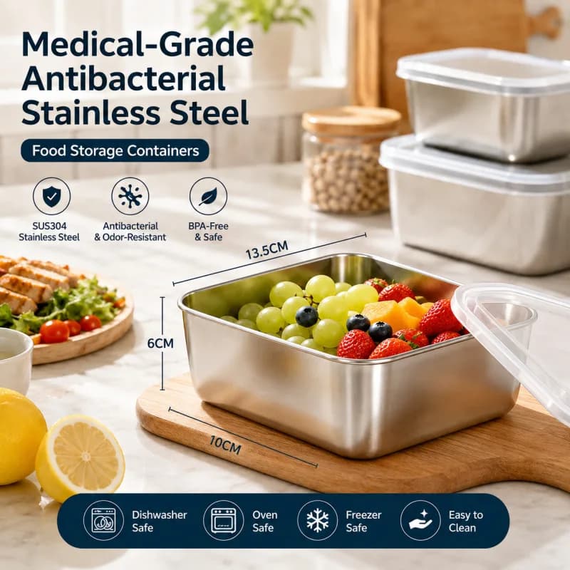Medical Grade Antibacterial Stainless Steel Food Storage Container Lunch Box Meal Prep Tray Kitchen Storage Box