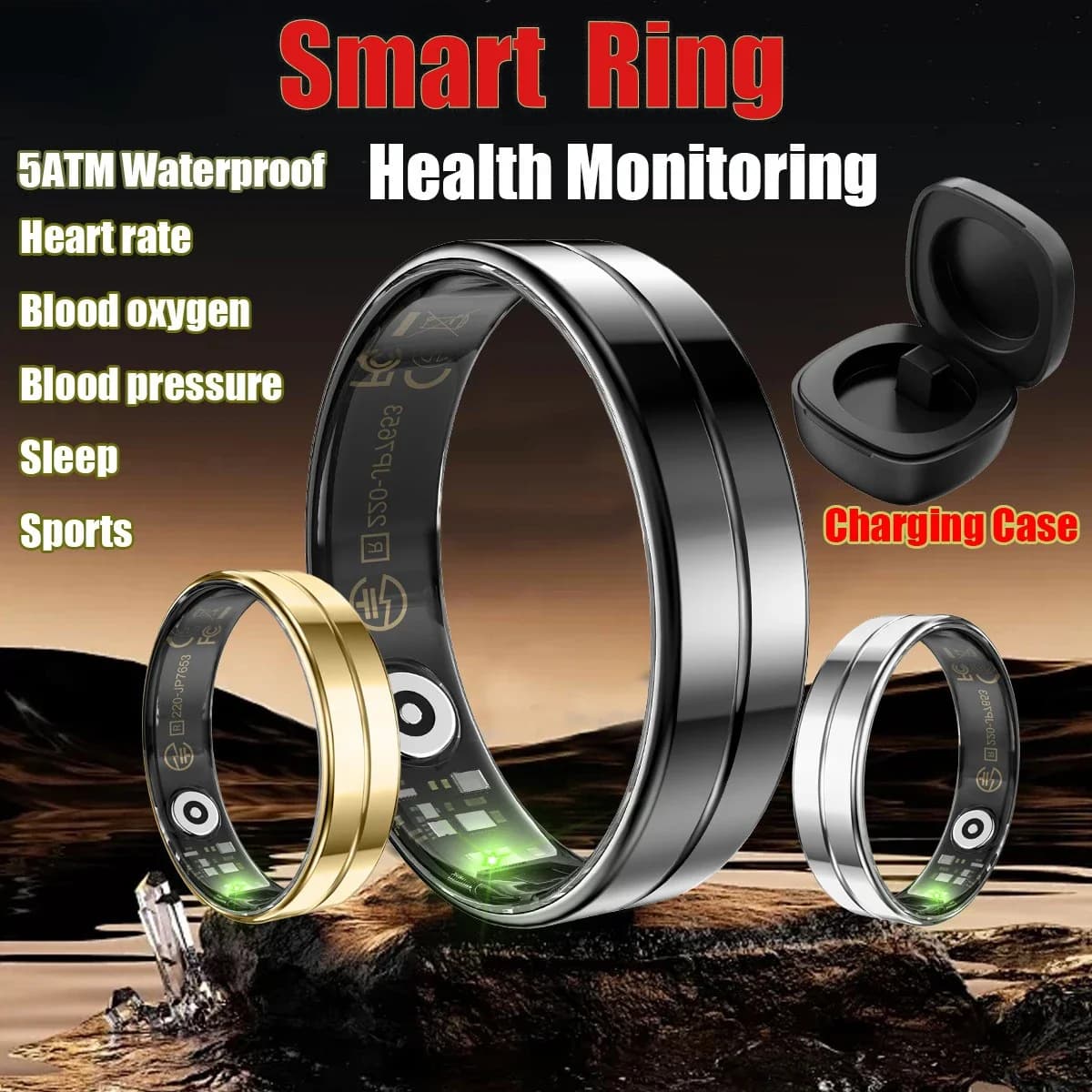 Men Women 2.2mm Ultra Thin Smart Ring New 5ATM Waterproof Stainless Steel Luxury Intelligent Finger Ring Health Fitness Tracker