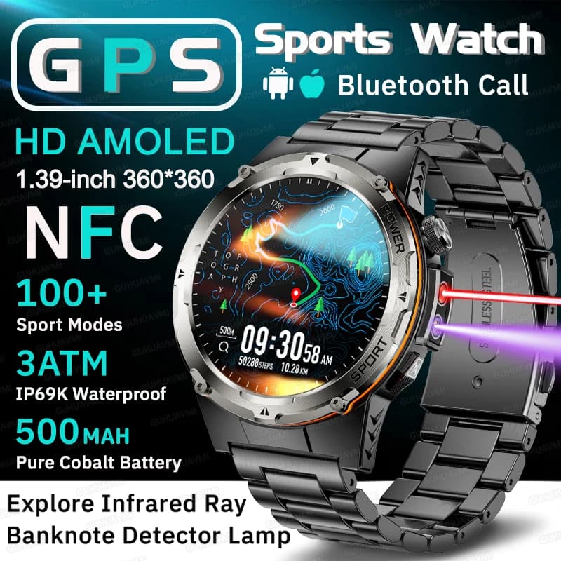 Nuovo Orologio Smart GPS Militare da Esterno per Uomo, HD AMOLED, Impermeabile 3ATM, 100+ Sport, Laser a Infrarossi, 500mAh, NFC, Chiamate Bluetooth HD