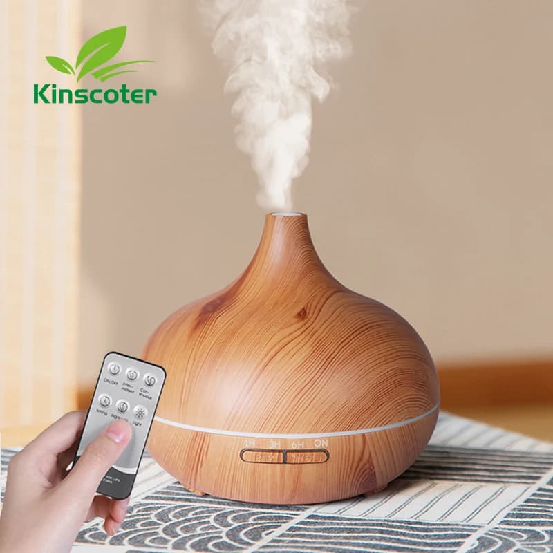 Diffusore di Oli Essenziali di Alta Qualità 500ml, Umidificatore d'Aria Ultrasonico con Effetto Legno, Telecomando e 7 Colori di Luce