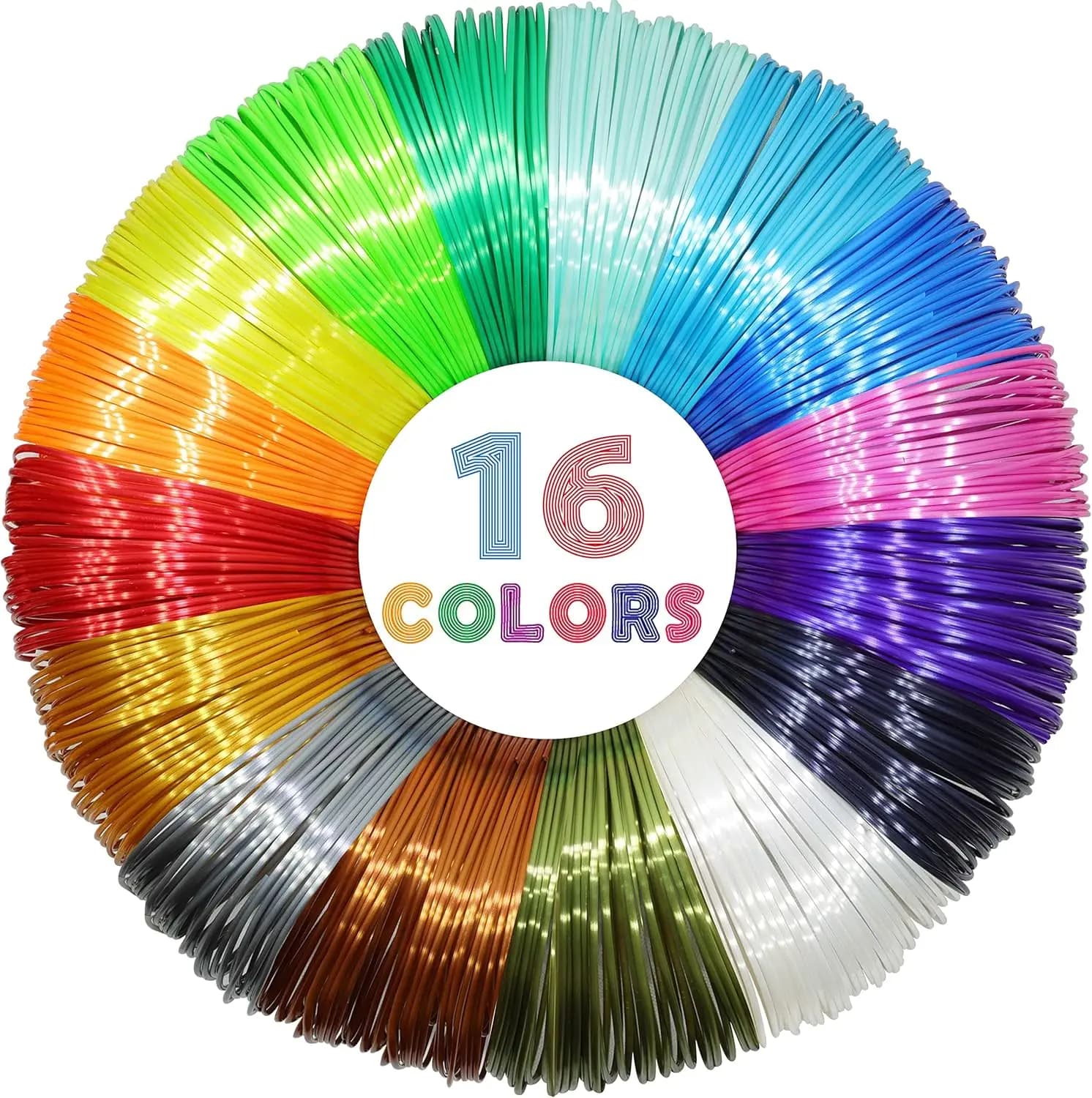 Confezione Campione Filamento PLA Effetto Seta Lucido, 16 Colori da 4m Ciascuno, 64m Totali, Materiale per Stampante 3D da 1.75mm per Test e Progetti Fai-da-te