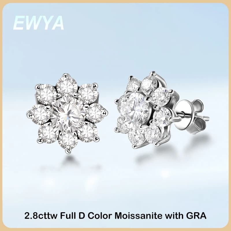 EWYA Sunflower Full D Color Moissanite Diamond Stud Earrings with GRA for Women Party Fine Jewelry S925 Sterling Silver Earring