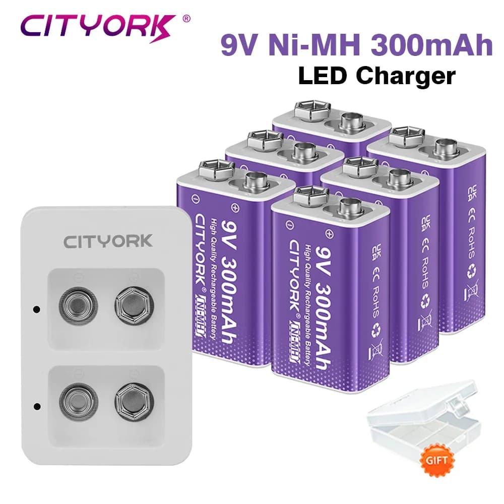 Batteria ricaricabile NI-MH 9V 6F22 300mAh per multimetro microfono chitarra metal detector allarme fumo + caricabatteria intelligente LED