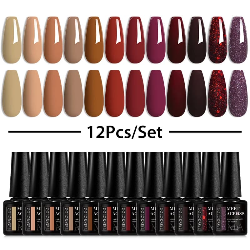 10/12 pezzi set di smalti per unghie gel colore rosso caffè gel UV semipermanente autunno inverno colore glitter Soak Off smalto gel per nail art