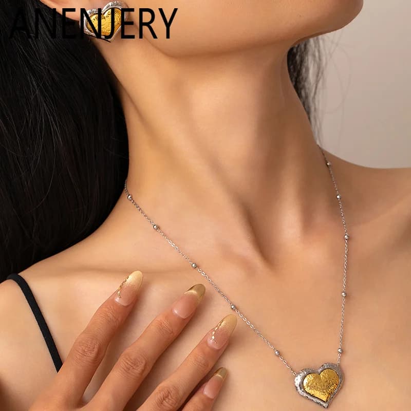 ANENJERY 316L Stainless Steel Double Layer Heart Necklace Earrings For Women Simple Temperament French Jewelry Set Gifts