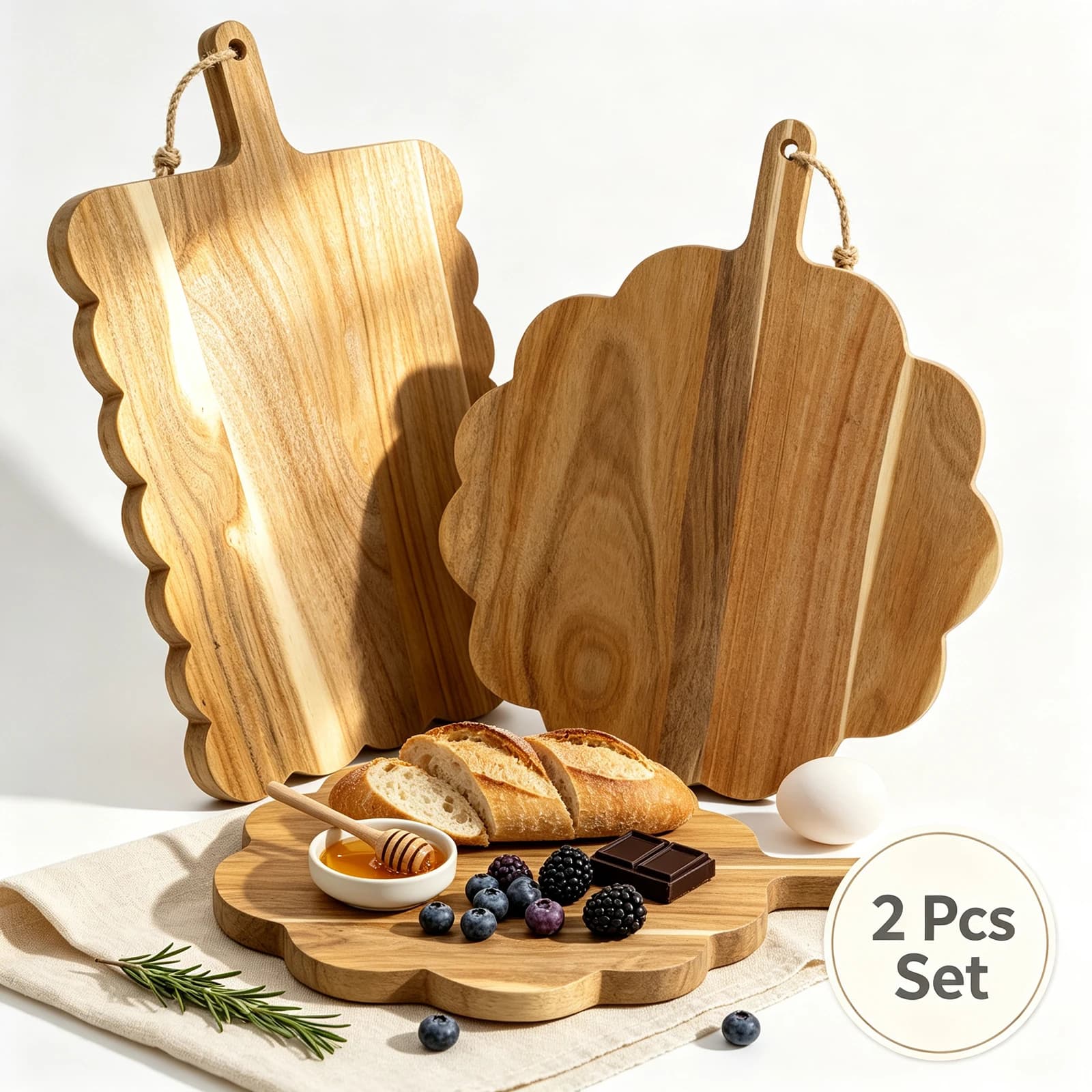 2Pcs Acacia Wood Charcuterie Platter Decorative Scalloped Edge Food Display Serving Tray with Handle Diner Kitchen Cutting Board