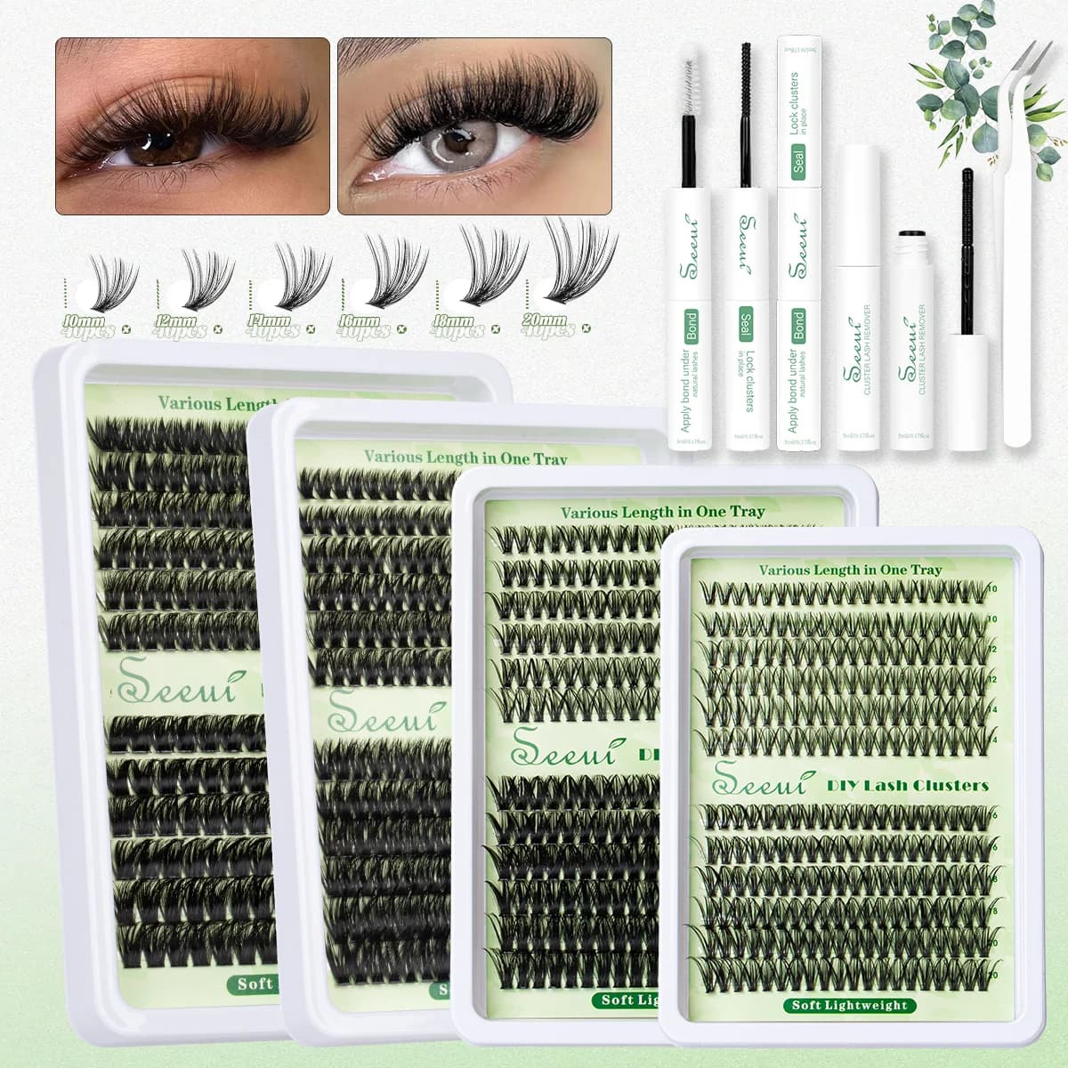 Kit Ciglia a Ciuffetti, Ciglia Individuali Volumizzanti, Vassoio Misto 3D in Finta Pelliccia di Visone, Extension Ciglia Effetto Wispy con Trucco