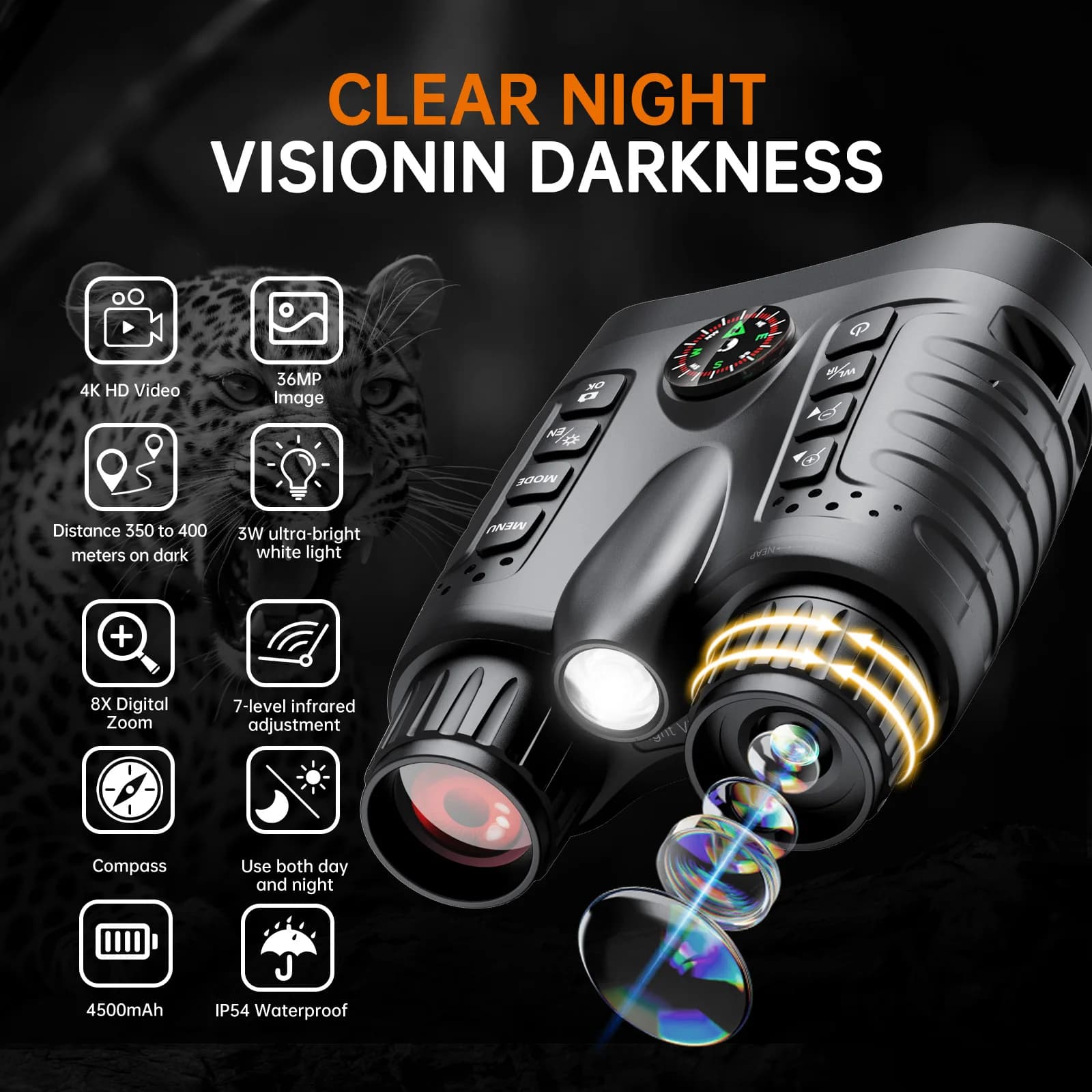 Binocolo per visione notturna 4K 8x Occhiali digitali per telescopio per visione notturna a infrarossi completamente scuri da 400 m per caccia, campeggio, canottaggio
