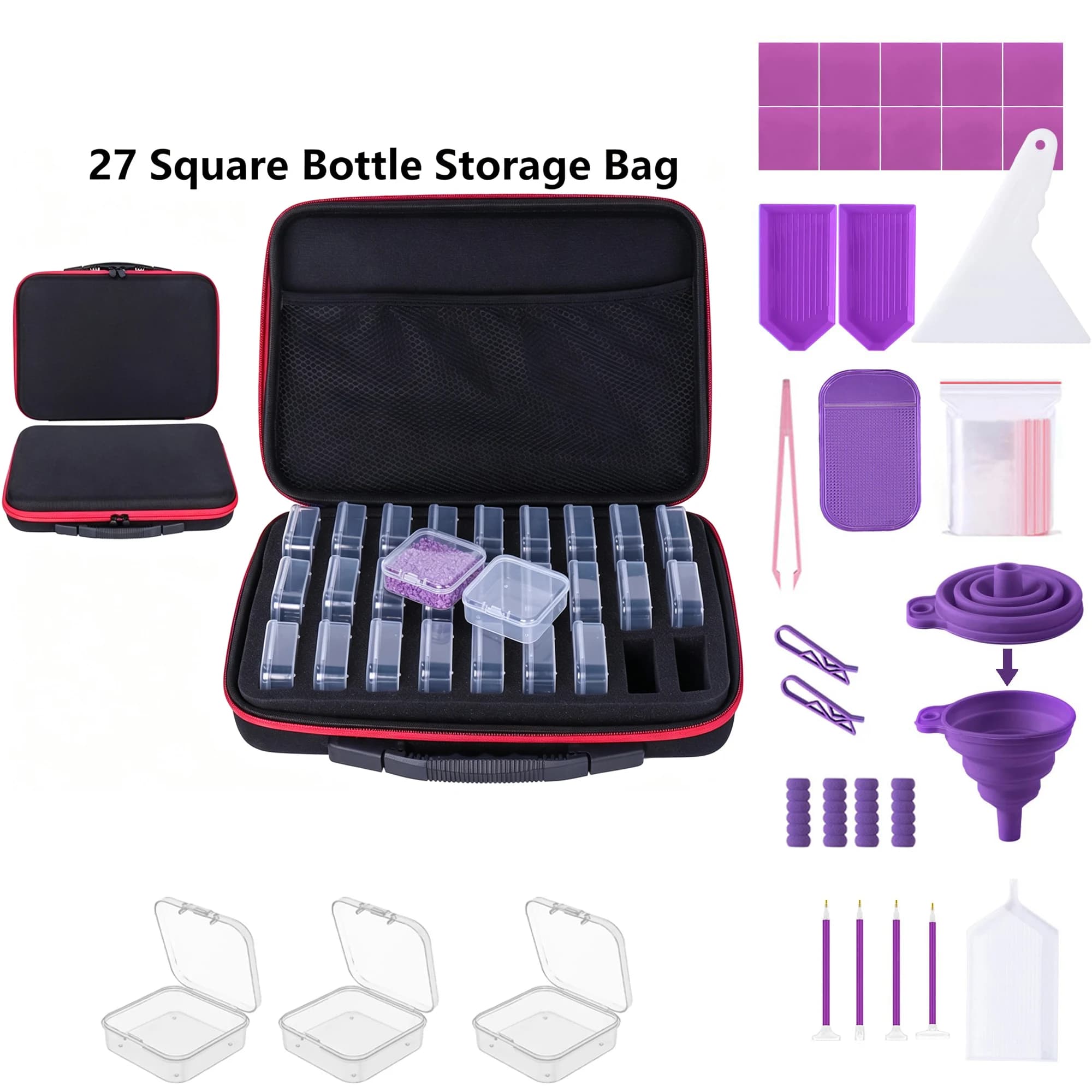 Kit di Strumenti per Diamond Painting con 27 Scomparti Quadrati da 5,5 CM, Accessori per Pittura Diamantata, Borsa Contenitore Portaoggetti Viola