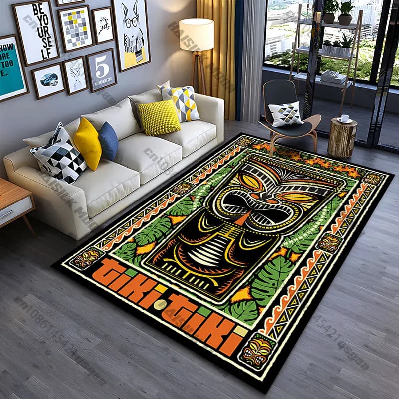 Tappeto con design vivace a tema maschera tiki tropicale, per yoga, soggiorno, decorazione, tappetino per gattonare per bambini, zerbino, tappeto decorativo, tappetino da gioco
