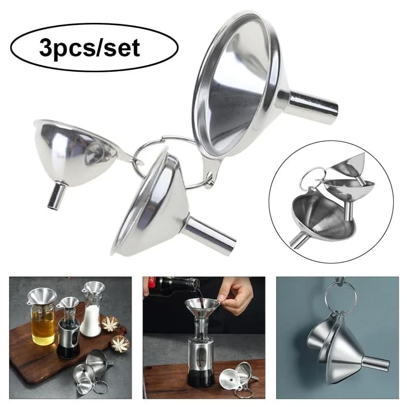 Set di imbuti da cucina in acciaio inossidabile da 3 pezzi Imbuti metallici per uso alimentare in 3 dimensioni per uso cucina Bottiglie di riempimento e olio Spezie Liquido