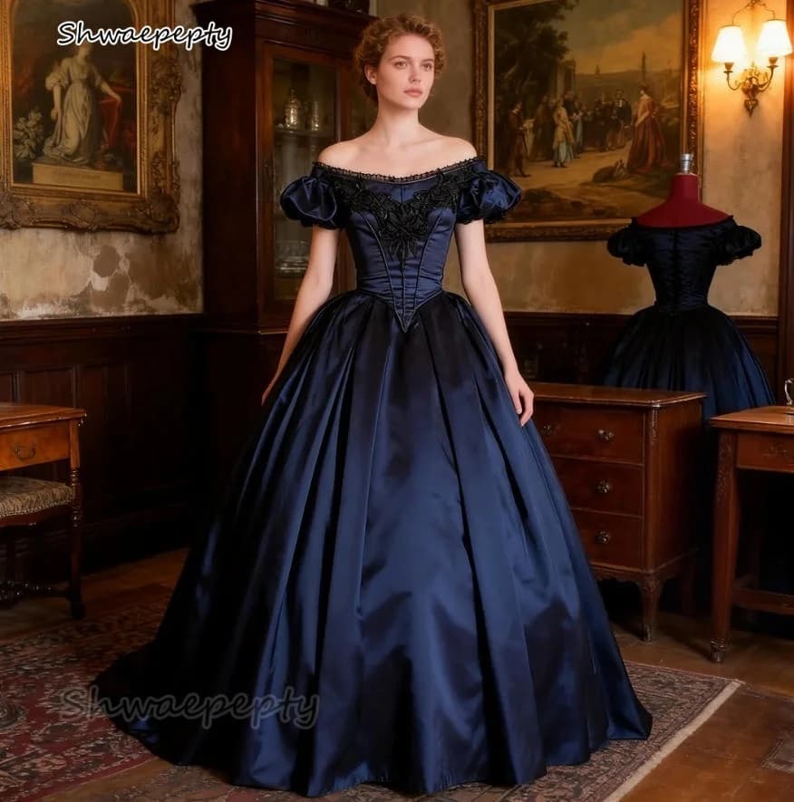 Abito da ballo vintage vittoriano blu scuro della guerra civile del XVIII secolo Abito da Belle del sud Abiti da sera da principessa con spalle scoperte Personalizzato