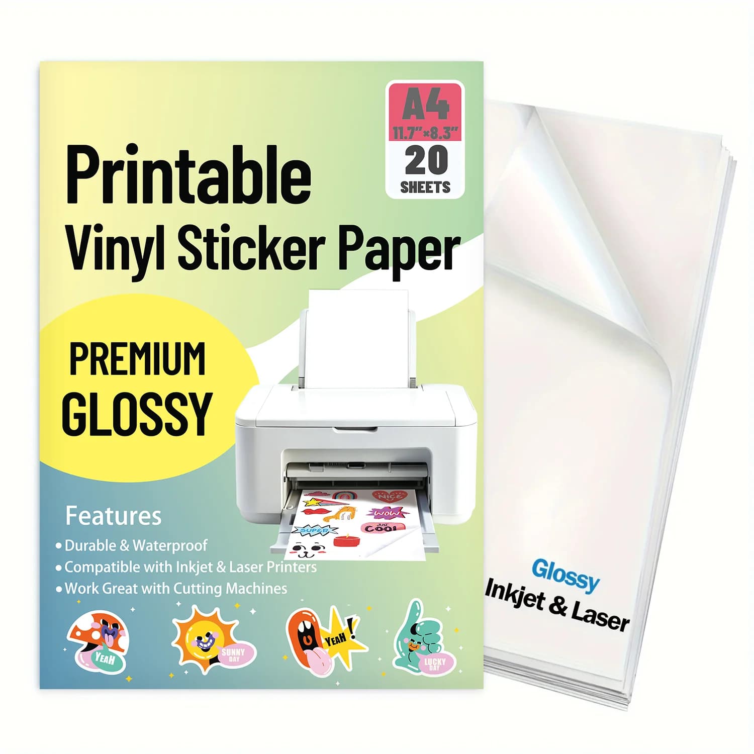 20 fogli di carta adesiva in vinile lucido A4, stampabile con stampante a getto d'inchiostro, autoadesiva, impermeabile, 8,3 x 11,7 pollici, per adesivi fai da te e lavori artigianali