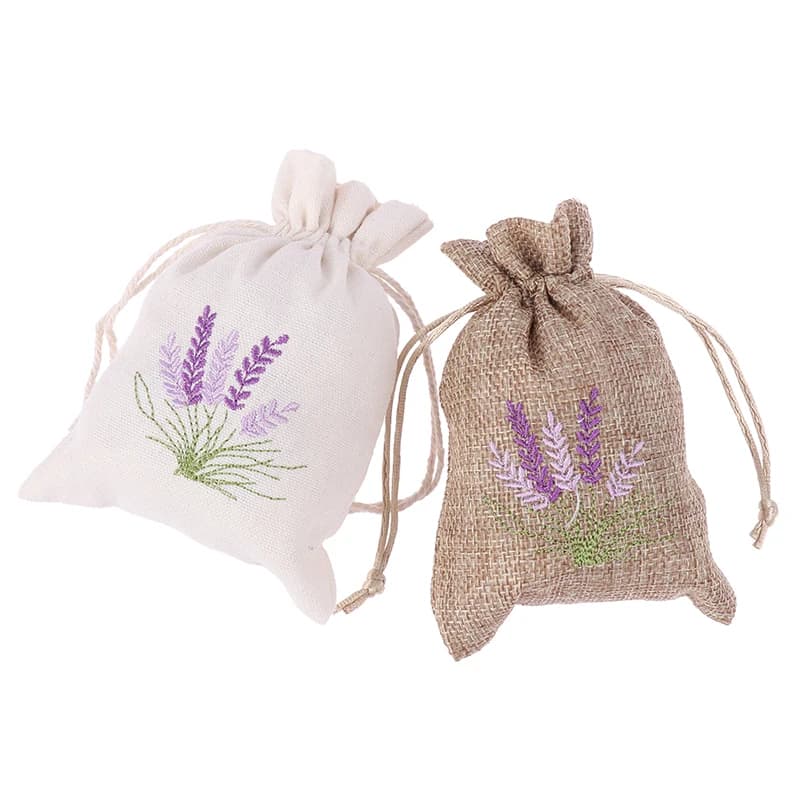 Canvas bag with embroidery in fake hemp bag with drawstring to store lavender bag with cotton coulisse bags of jute seeds bag for aromatherapy with dried flowers