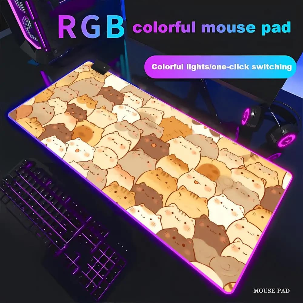 HYBXAXC Tappetino per Mouse a Forma di Gatto Carino, Grande Tappetino da Scrivania Esteso, Base Antiscivolo in Gomma per Gaming e Ufficio, RGB HD Gamer Grande LED XXL PC