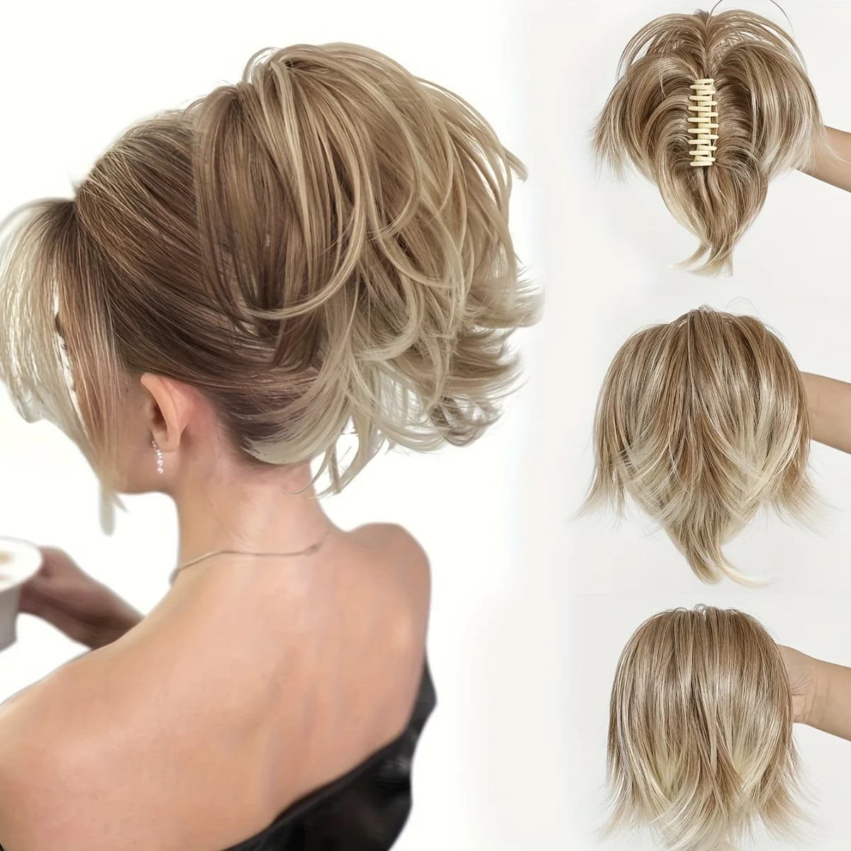 Parrucca a coda di cavallo alta e disordinata con clip, capelli sintetici pieghevoli, chignon soffice stile casual, fibra resistente alle alte temperature per un aspetto naturale, accessorio per lo styling quotidiano e per feste da donna, facile da indossare