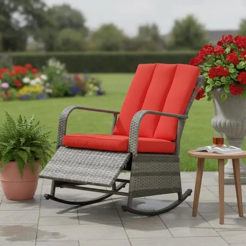 Outdoor Wicker Rocking Chair with Cushion, Patio PE Rattan Recliner Chair with Adjustable Footrest, Armrests, Red