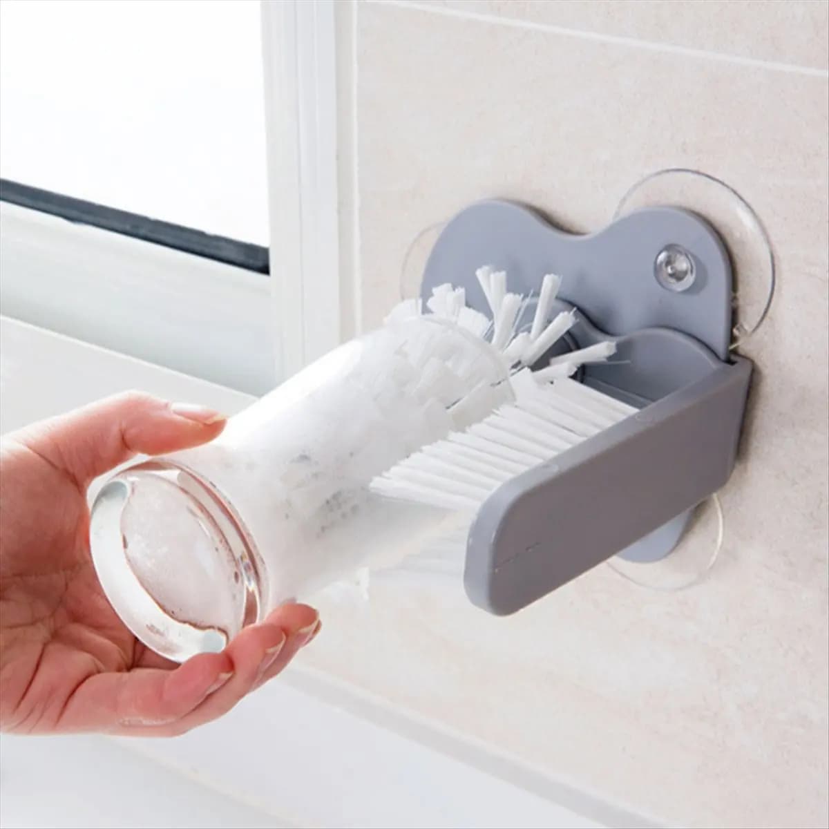 A428F-Water Bottle Cleaner Glass Washer Brush Cup Washer Brush with Suction Base Bristle Brush for Beer Cup Red Wine Glass