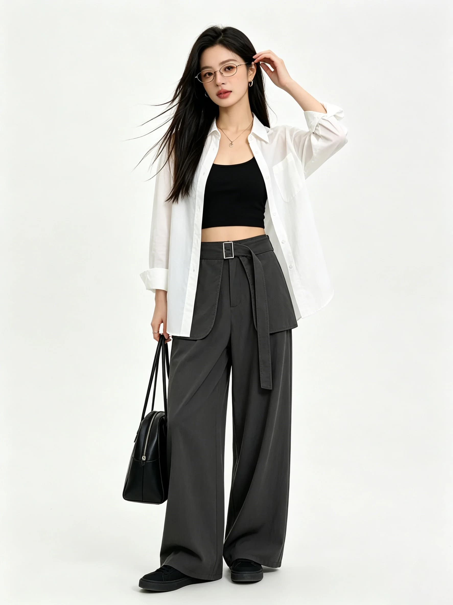 Pantaloni a Vita Alta e Gamba Larga da Donna, Casual, Drappeggiati, Modellanti, con Cintura, Lunghi, Stile Semplice per il Lavoro, Vita Elastica