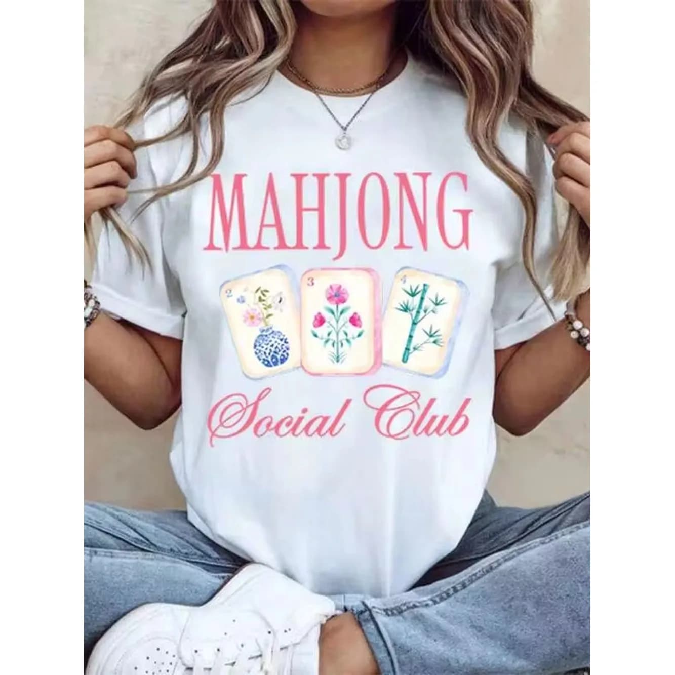 Mahjong Social Club T-Shirt Women Casual Graphic Tee With Floral Mahjong Tiles Design For Game Night Party And Leisure Wear,220g
