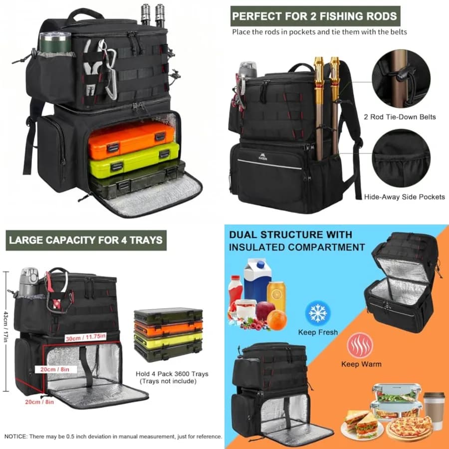 Zaino da Pesca, Borsa Impermeabile per Attrezzatura con Portacanne e Scomparto Termico, Regalo per Pescatori