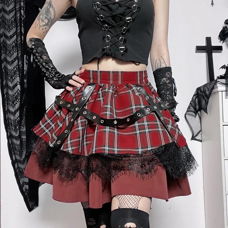 Gothic Harajuku Girls Plaid Pleated Skirt Punk Sweet Lace Kawaii Clothing Y2k Lolita Cake Mini Skirts Cosplay Costume