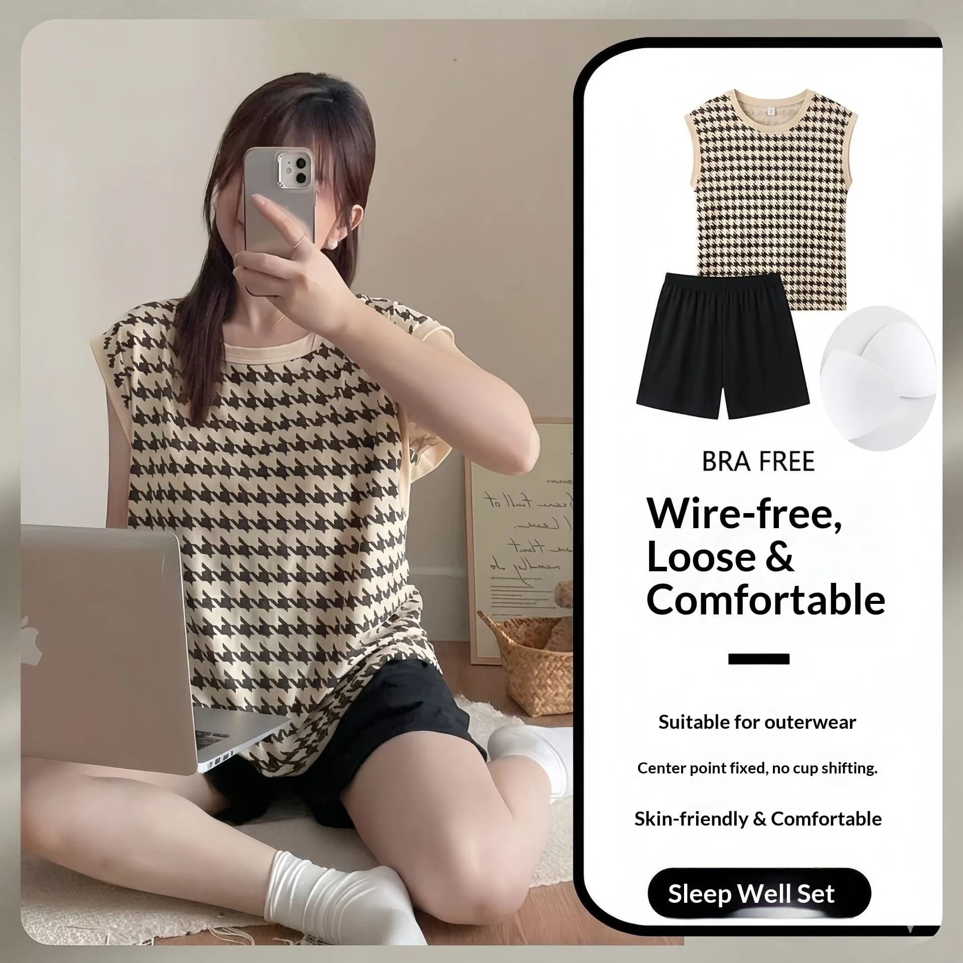 Summer Women's Chest Cushion Vest Sleepwear Home Suit Set Striped Round Neck Comfortable Vest Shorts Sleepwear Home Suit Set