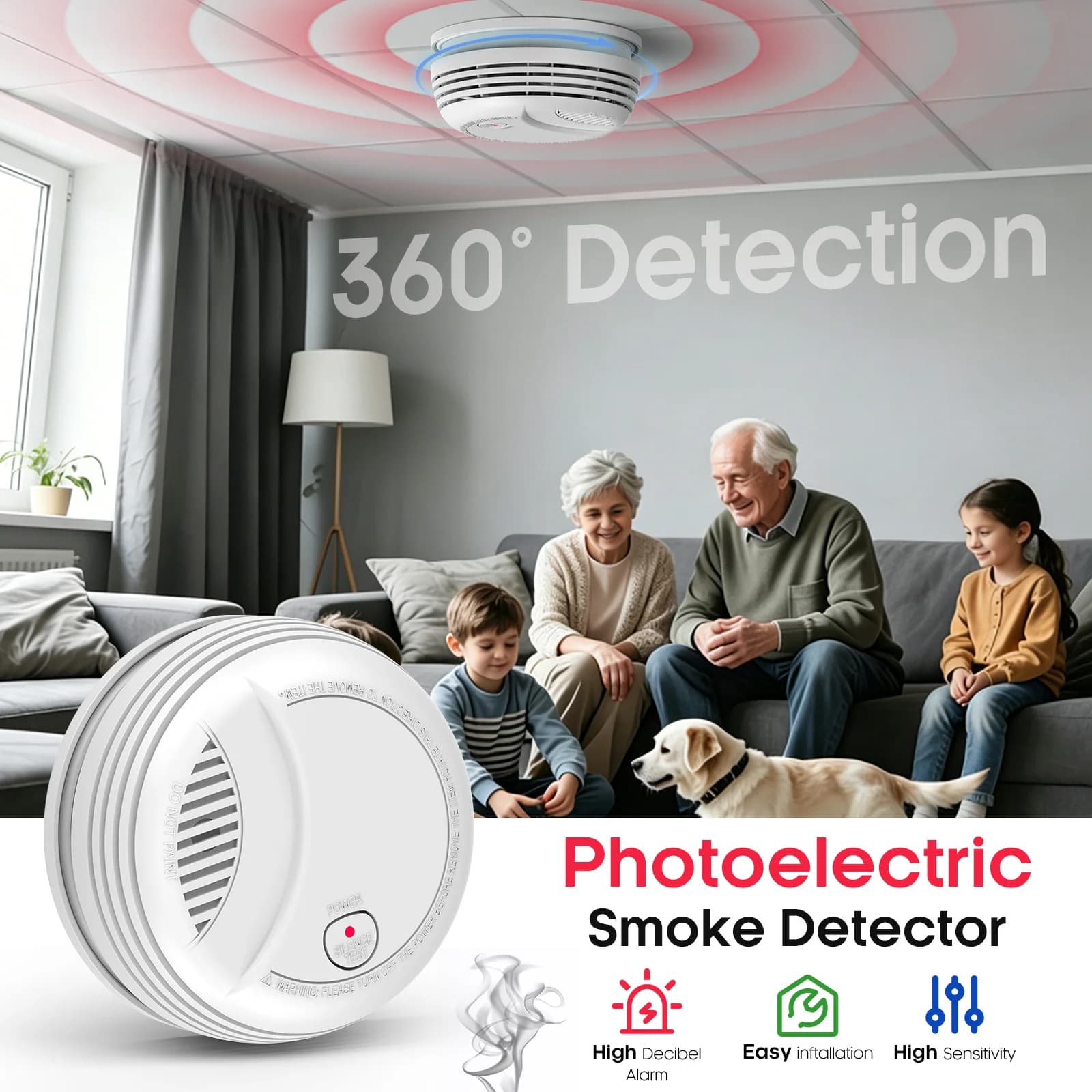 Rilevatore di fumo WiFi con rilevamento a 360°, app di controllo remoto, sensore fotoelettrico per la rilevazione di incendi per la sicurezza domestica.