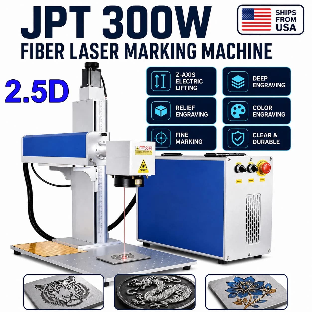 300W JPT Fiber Metal Wood Glass Plastic Laser Marking Machine Air-cooled Deep Relief Laser Engraving Machine US Stock
