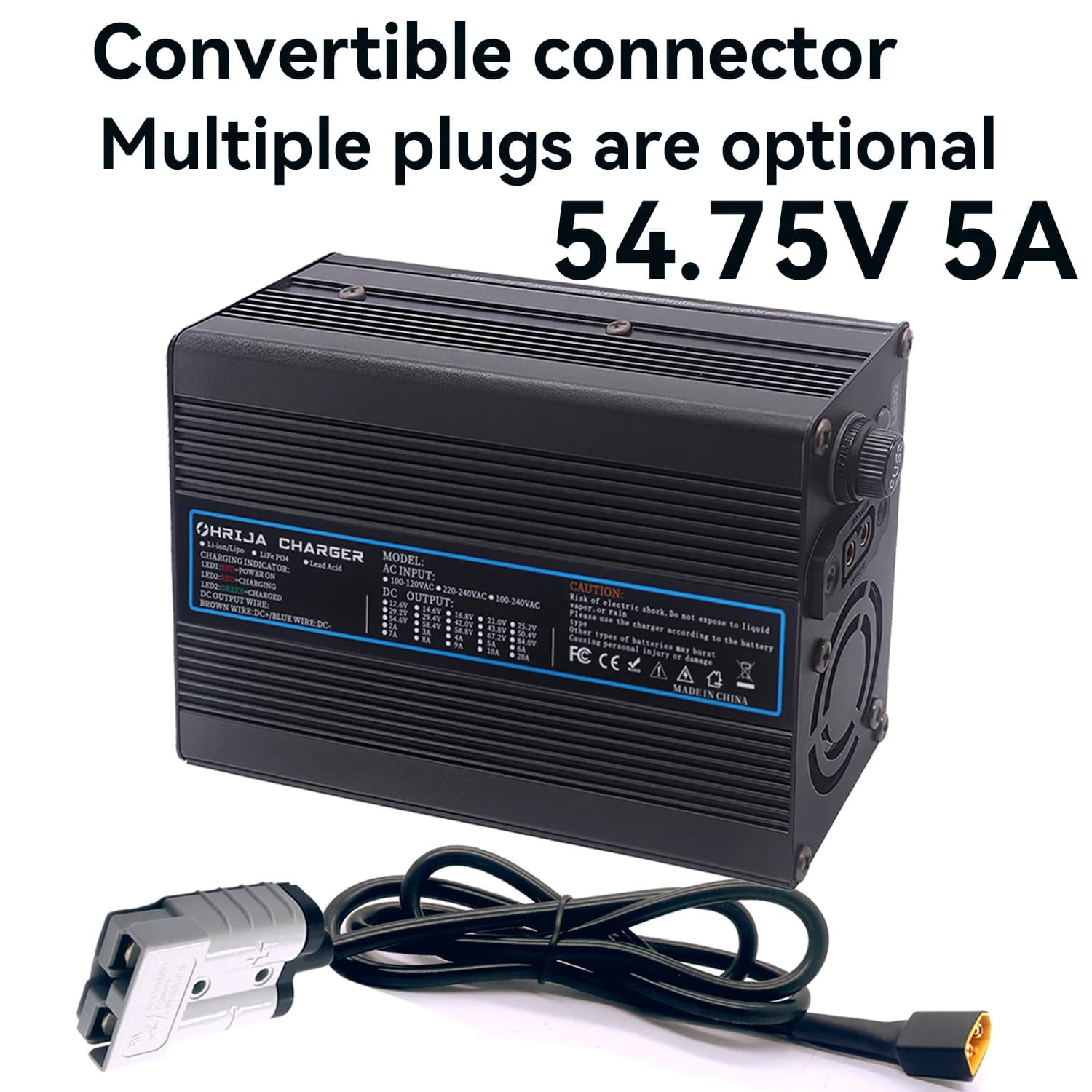 Detachable connector 54.75V 5A Aluminum case Lifepo4 Battery Fast Charger For 48V 15S Lifepo4 Battery Charger Cooling fan