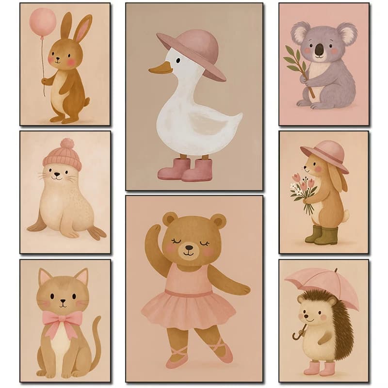 1 pz. Quadro su tela senza cornice, Stile Nordico, con simpatici animali dei cartoni animati (Gatto, Volpe, Cane, Orso) che cavalcano, danzano o si abbracciano, per la cameretta dei bambini