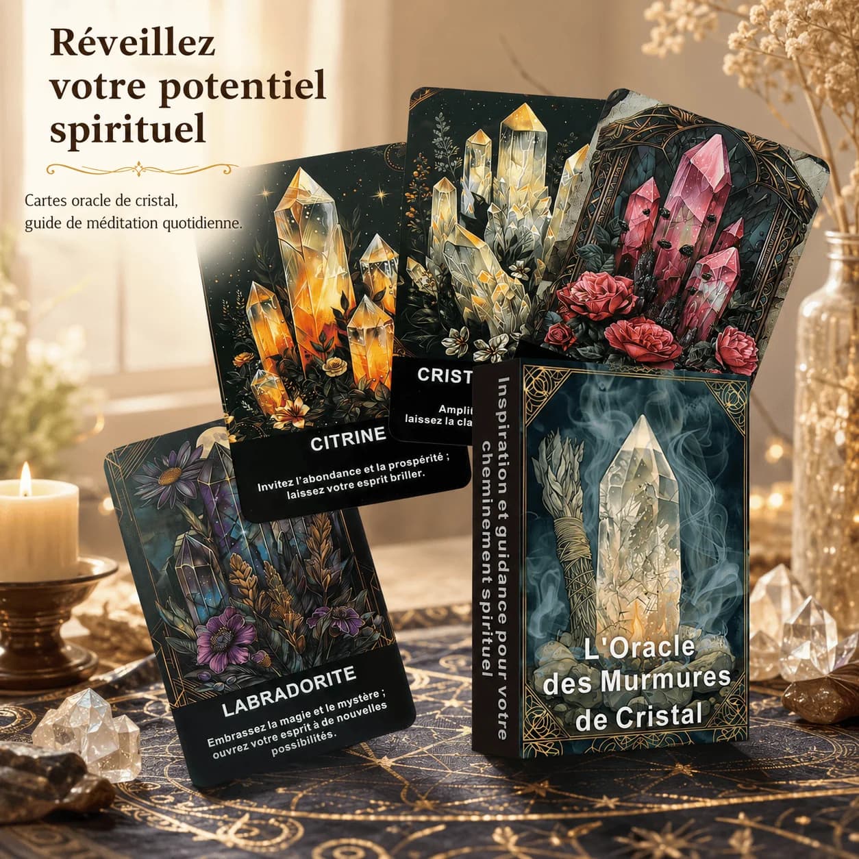 French Crystal Whisper Oracle Cards, 44 Tarot Cards, Spiritual Guidance Divination Deck, Self-Discovery Gift, Meditation Tool