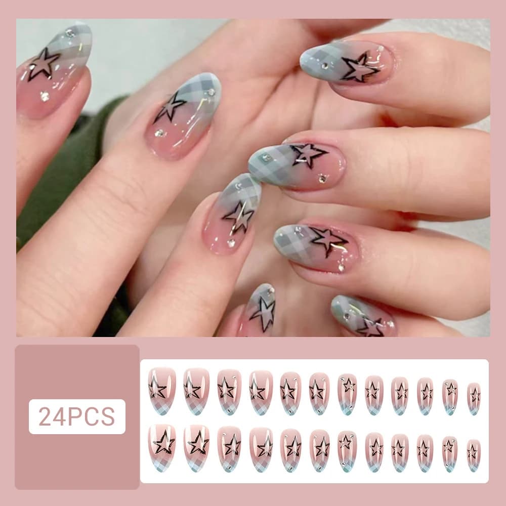 24 Pezzi Unghie Finte Press-on Blu a Quadri Sfumati con Strass a Stella, Forma Ovale, per Abbinamento con Vestiti da Ragazza Trendy