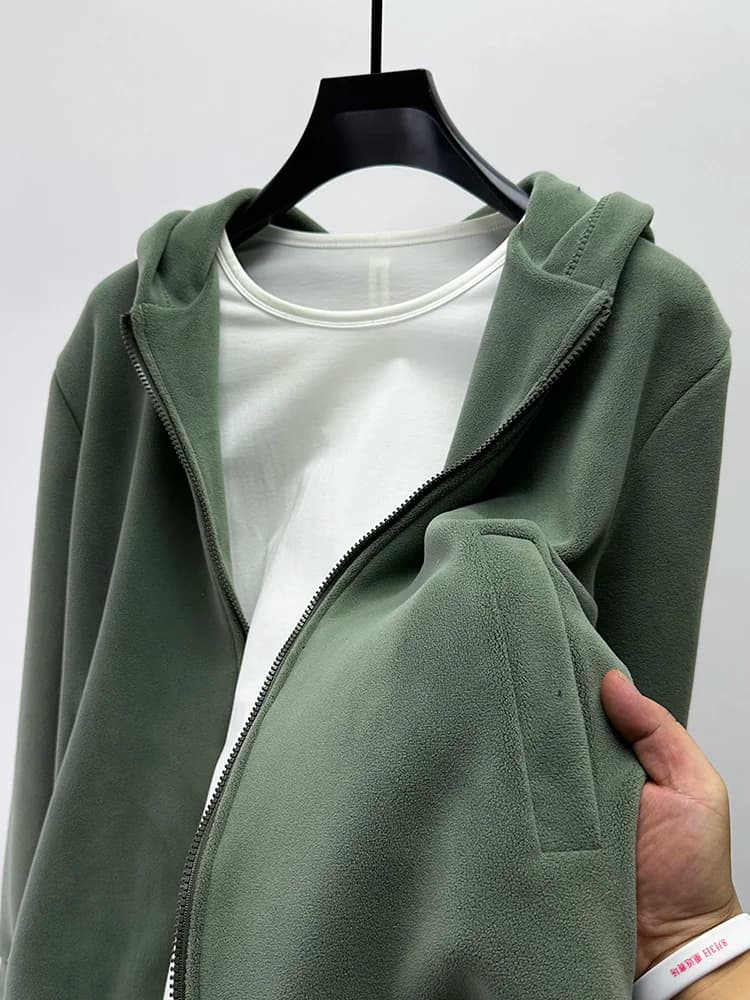 Giacca in Pile con Cappuccio e Zip per Uomo, Abbigliamento Casual alla Moda in Stile Urbano, Misto Poliestere, per Primavera, Autunno e Inverno