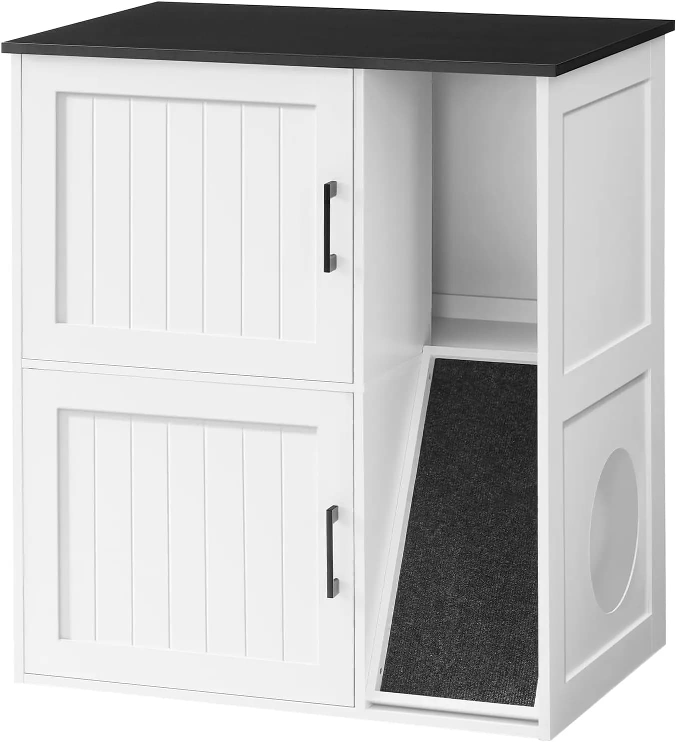Hidden Double Litter Box Enclosure Scratch Pad Wooden Cat Washroom Indoor Cat House End Table Two Cats White Black