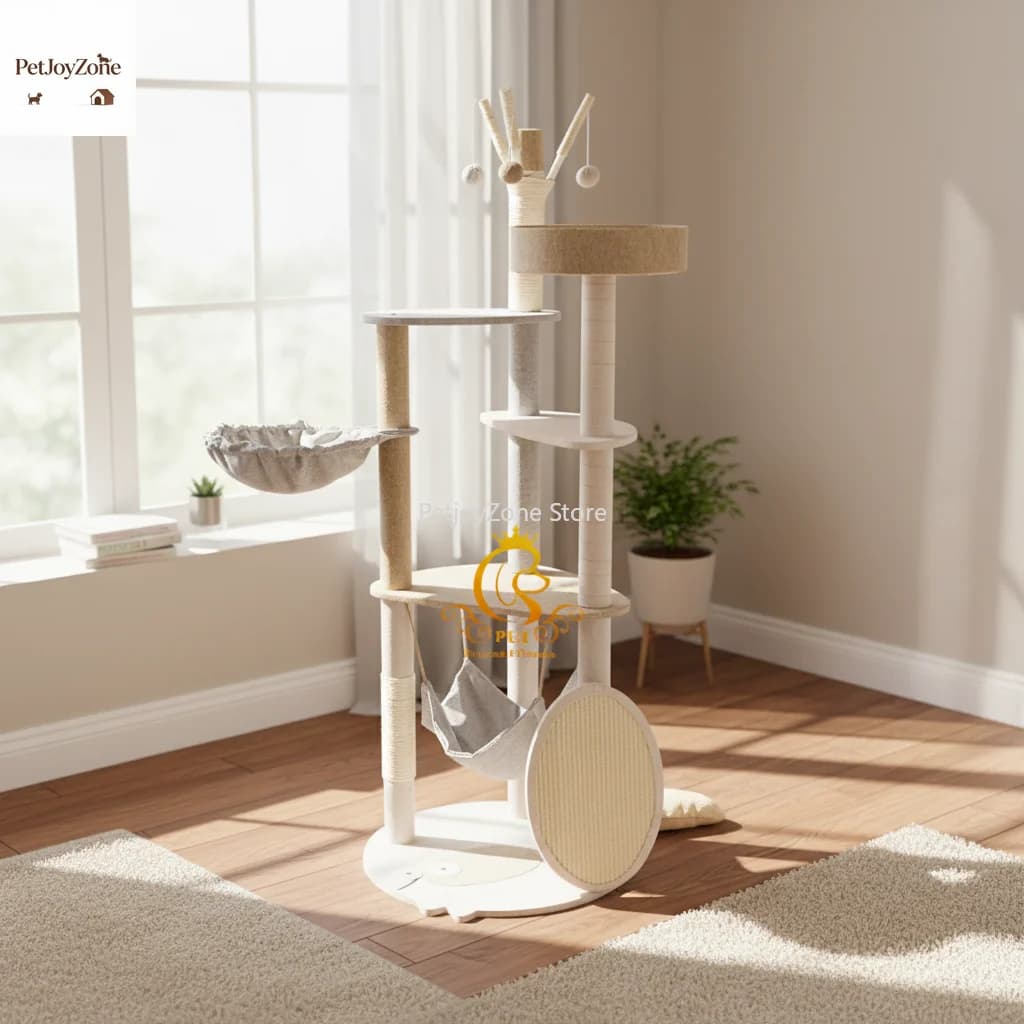PetJoyZone Albero per Gatti di Lusso in Legno, Multi-livello, con Cuccia e Tiragraffi, Grande Torre per Gatti con Struttura a Soffitto