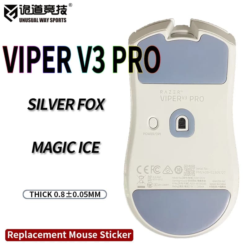 InsolitoWaySports Mouse Pattini Piedi Viper V3 Pro Superficie curvata PTFE Anti collasso Multistrato Magic Ice Nero Silver Fox