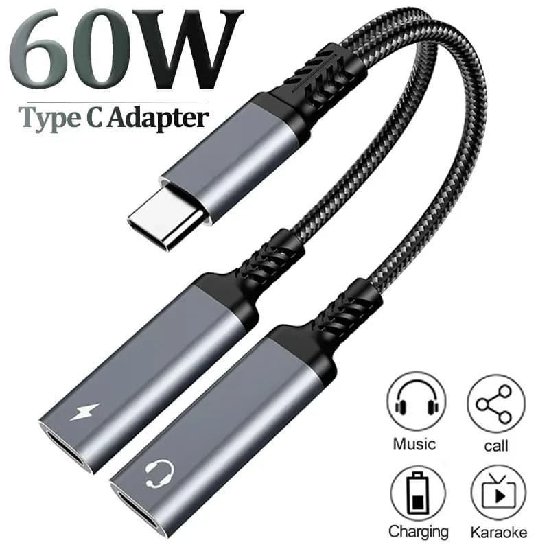 Splitter USB C OTG 2 IN 1 a doppio tipo USB C Adattatore audio jack per cuffie PD 60W Caricatore rapido per Samsung Huawei iPhone15 Xiaomi