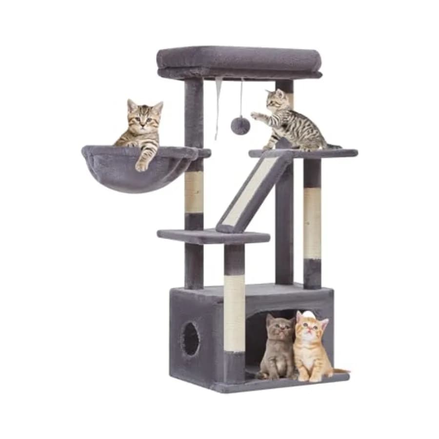 Albero per gatti da 38,5 pollici, torre per gatti da interno, adatta anche per gattini, con lussuosa casetta per gatti e cestini regolabili.
