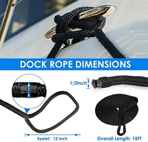 Confezione da 4 Corde da Ancoraggio in Nylon da 1/2" x 15' - Carico di Lavoro 968 libbre, Resistenza 4840 libbre, Corde Nere per Barche Marine con Occhielli