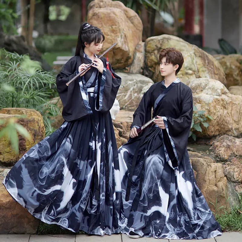 Set di vestiti per coppia abbinati per uomo e donna, costume unisex, top a maniche lunghe stampato a fiori, gonna tradizionale Hanfu, festa cosplay