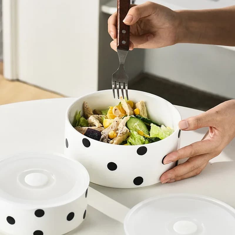 Round Ceramic Bento Lunch Box with Sealed Plastic Lid,Food Storage Container,Microwave,Oven,Dishwasher Safe,Kitchen Meal Prep