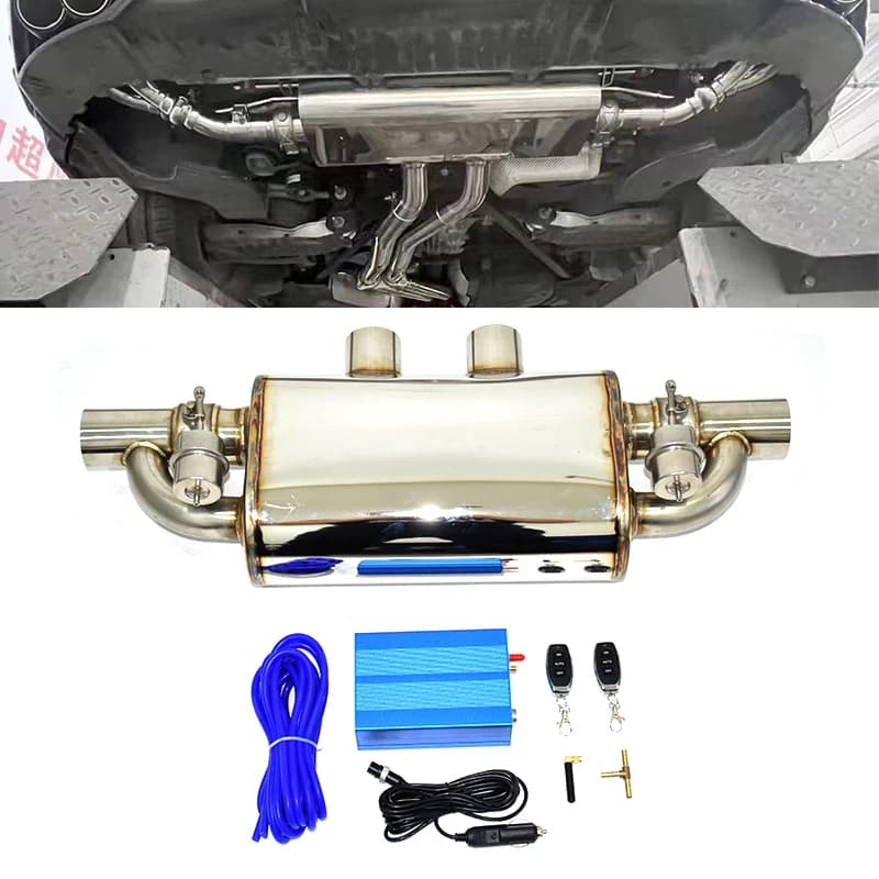 2.5/3.0 inch T-type dual-in single-out sonic vacuum valve muffler, universal stainless steel car exhaust sound controller kit