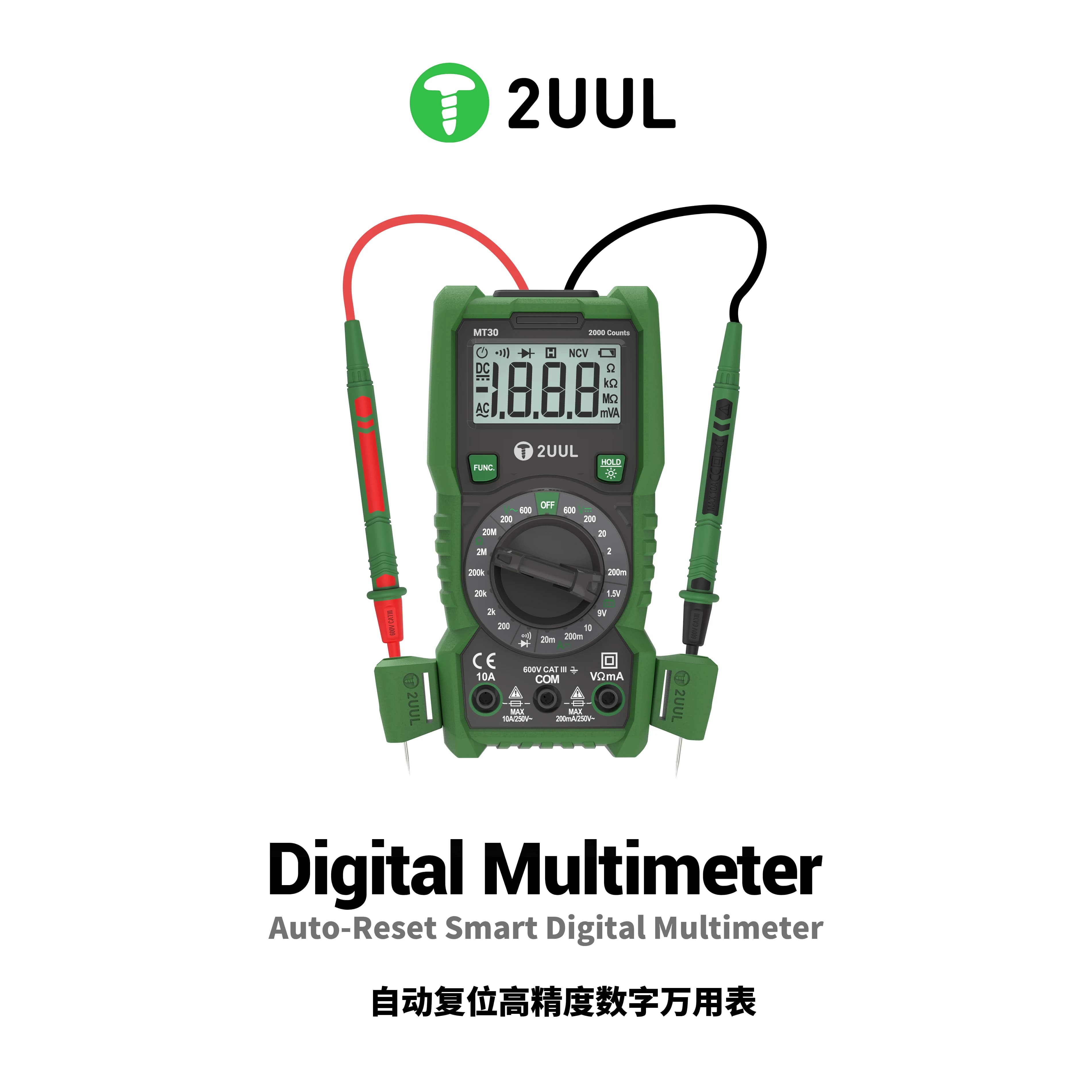 Multimetro Digitale Intelligente 2UUL MT30 con Auto-Reset, 2000 Conteggi, Tester NCV per Tensione, Corrente e Resistenza, Strumento per Riparazione PCB di Telefoni